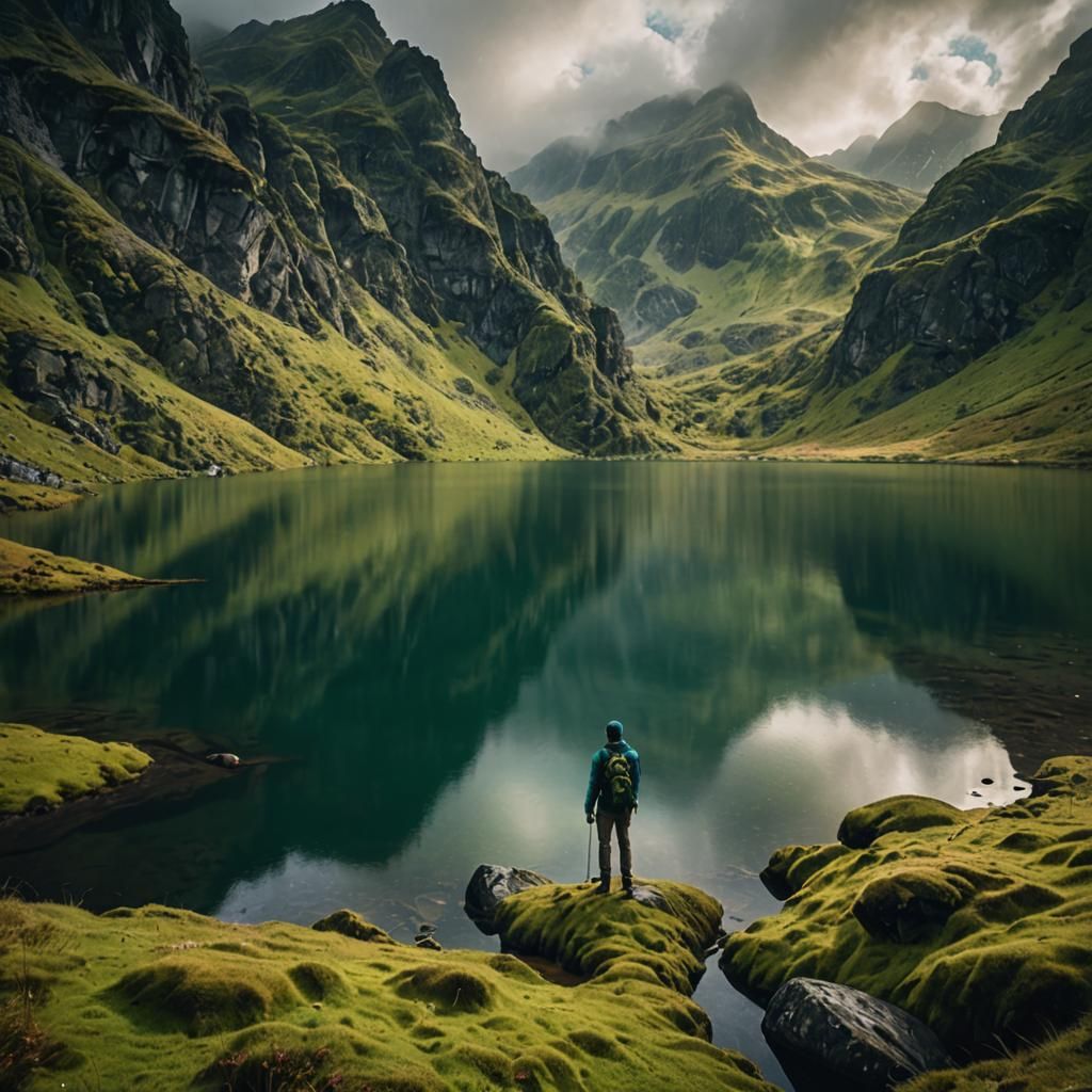 Majestic Iceland Landscape with Lone Hiker in Pastel Colors