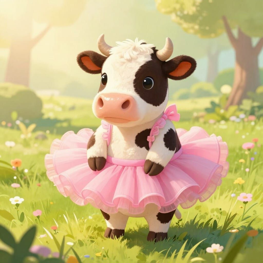 Whimsical Cow in Pink Tutu in Sun-Dappled Meadow