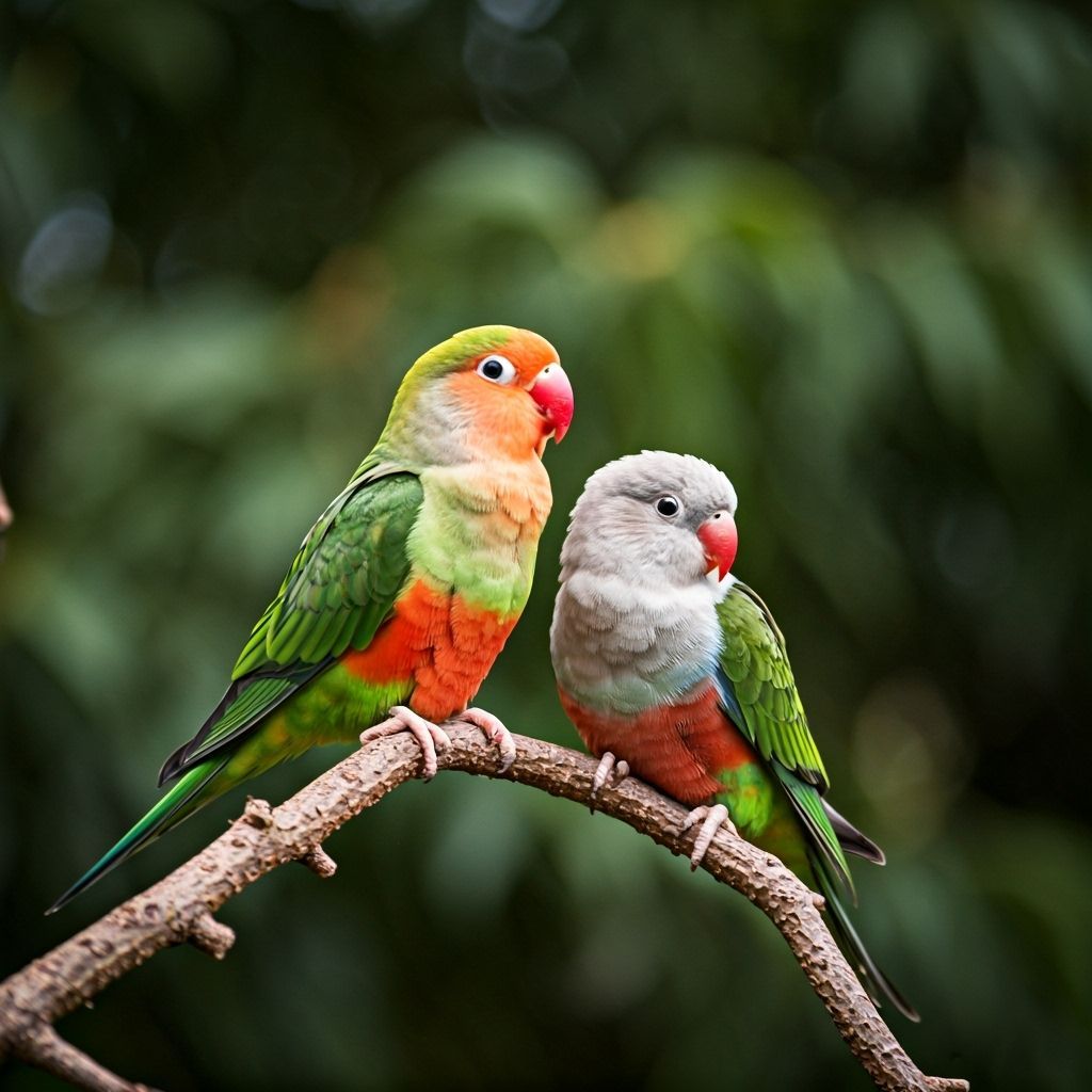 Love birds sitting on a twig on a tree.