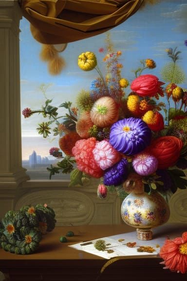 Luxurious Flowers and Fruits Still Life, Renaissance Style