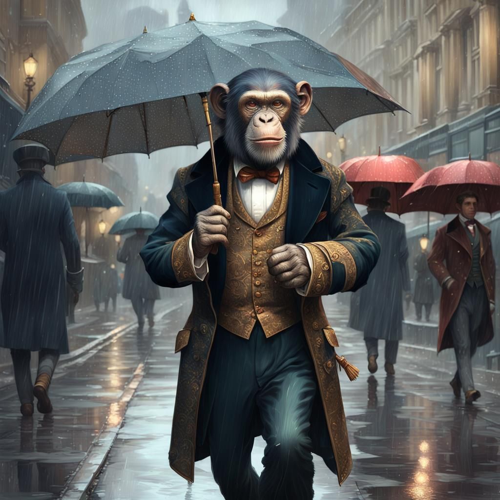 A chimpanzee in Victorian Era london with an umbrella.