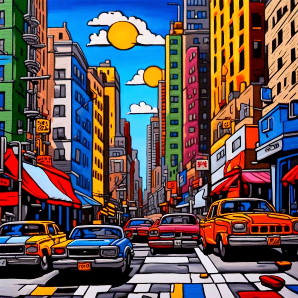 Hyper-realistic Urban Landscape Painting in Pop Art Style