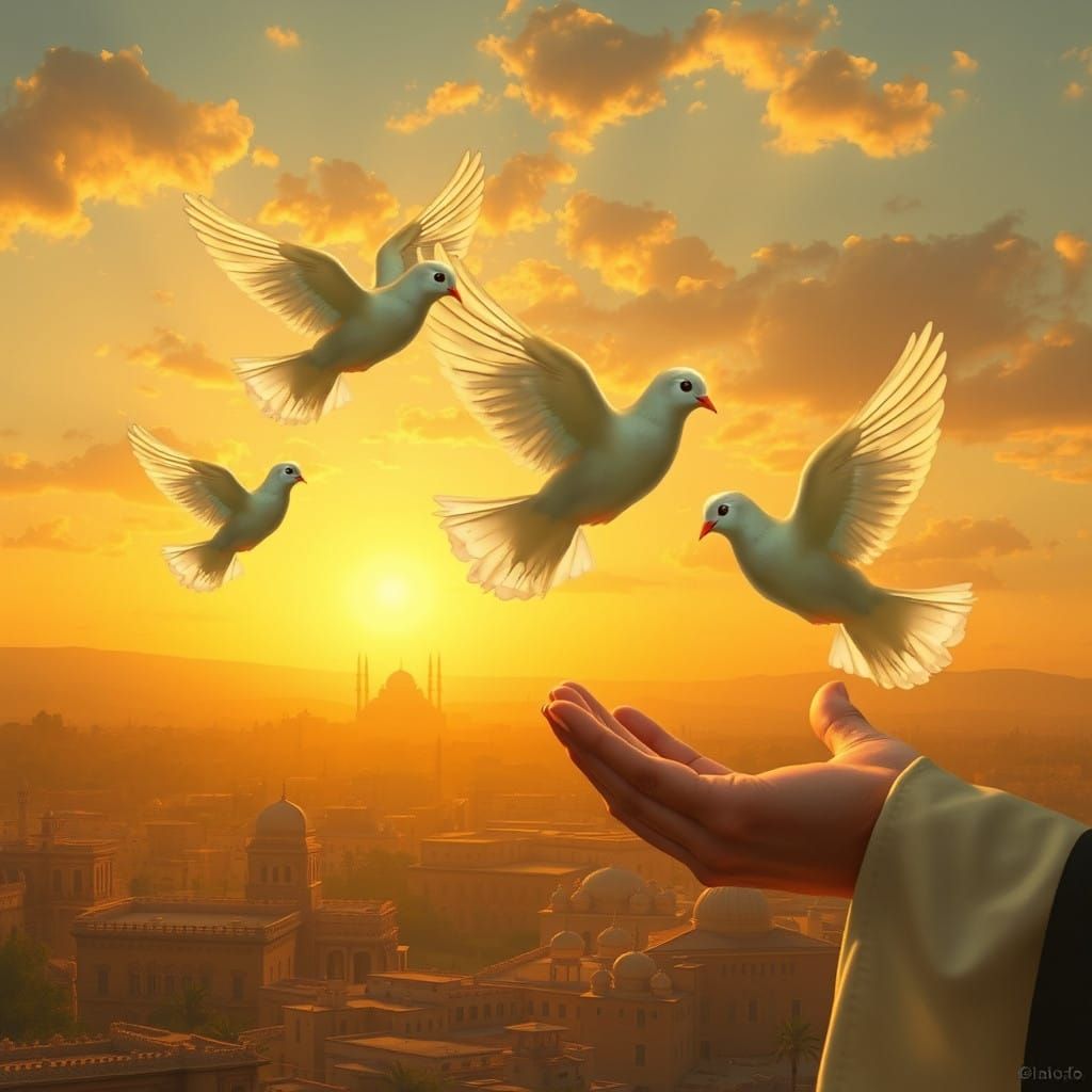 Doves in Fra Angelico Style Soar Above Damascus at Sunset