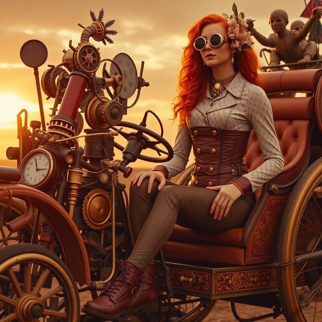 highly decorated steampunk monocycle carriage, operated by c...