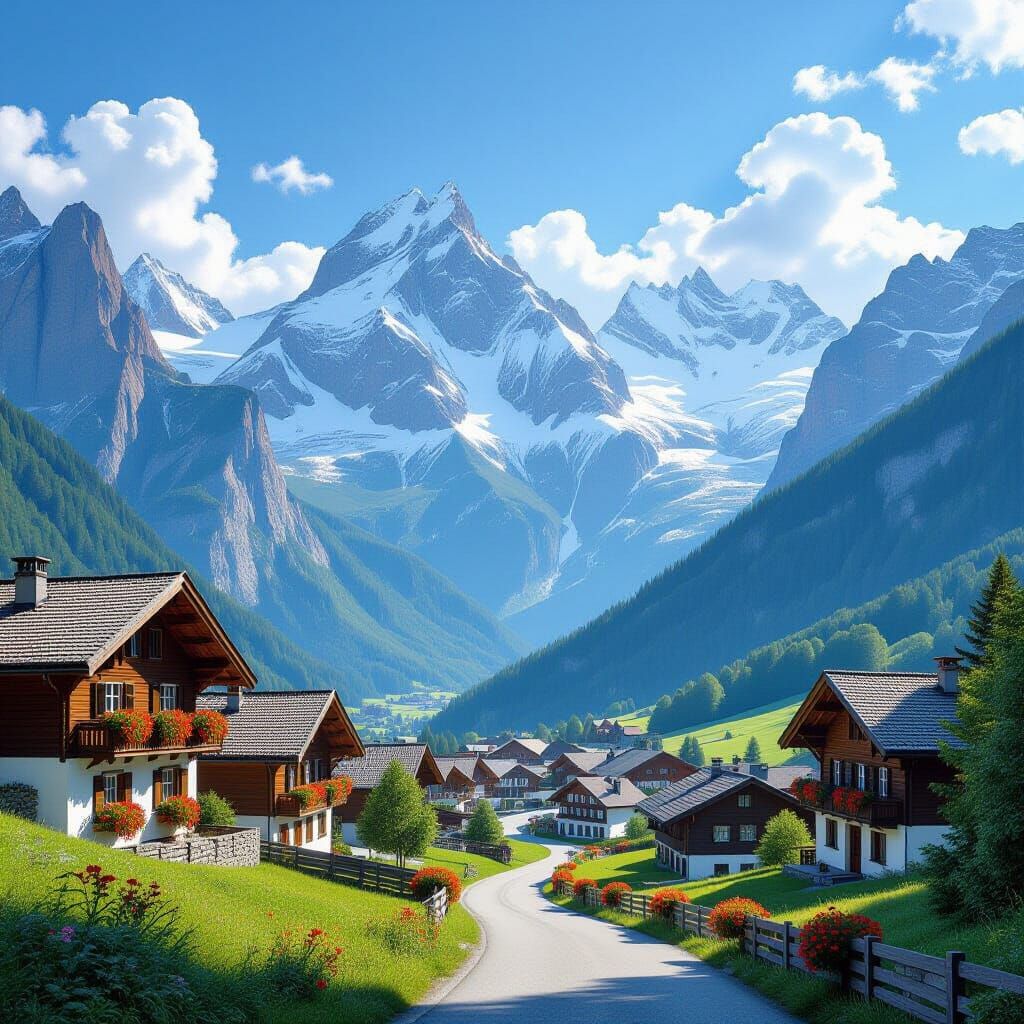 Majestic Swiss Alps Village with Snow-Capped Peaks