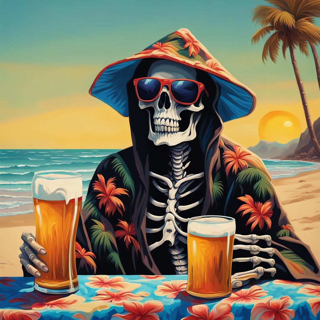 Grim Reaper's Beach Vacation in Surrealist Style