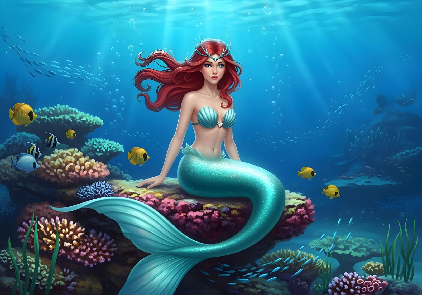 Mermaid Princess on Coral Reef, Fantasy Art