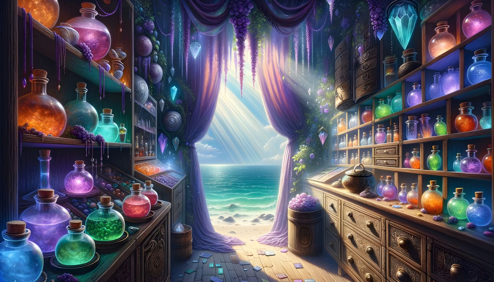 Whimsical Magic Shop Transitions to Enchanted Beach Scene