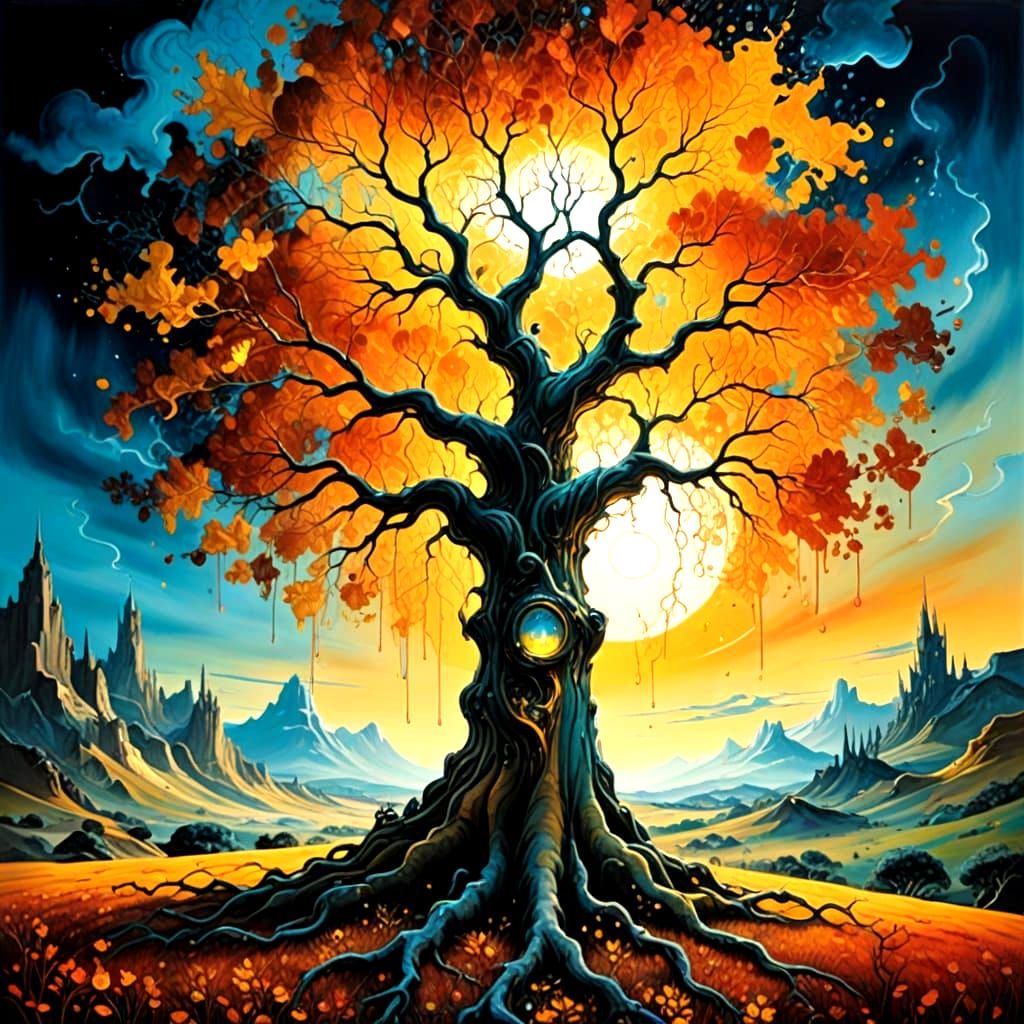 Ethereal Tree in Dreamlike Landscape