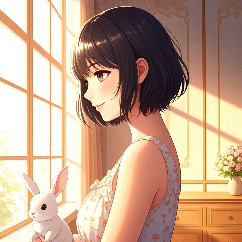 Woman with Rabbit in Anime Style Room