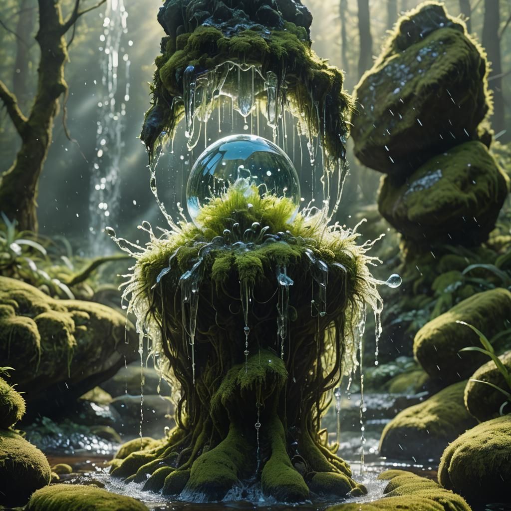 Crystalline Water Droplet on Ancient Pedestal