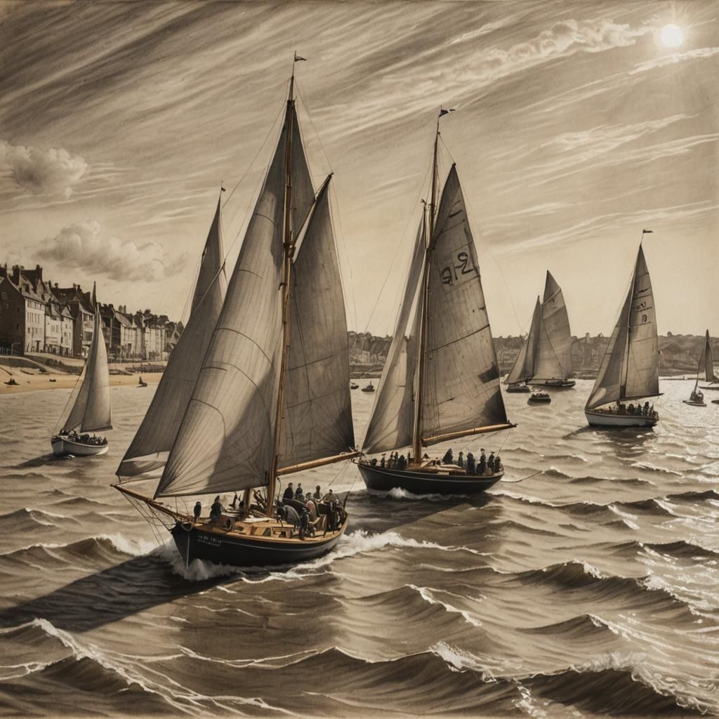 Sailboat Regatta: Detailed Charcoal Drawing with Golden Ligh...