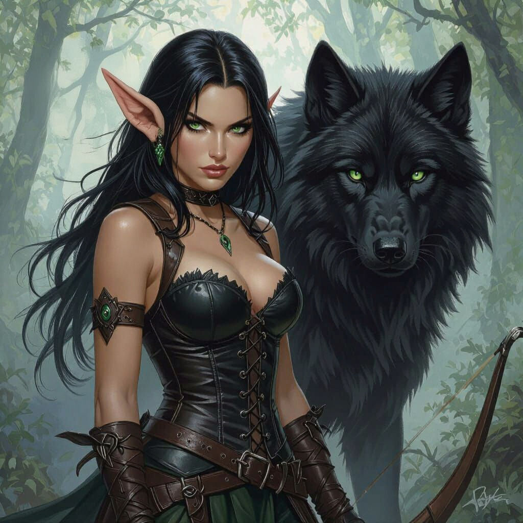 Wood Elf Ranger and Dire Wolf in Fantasy Art Style