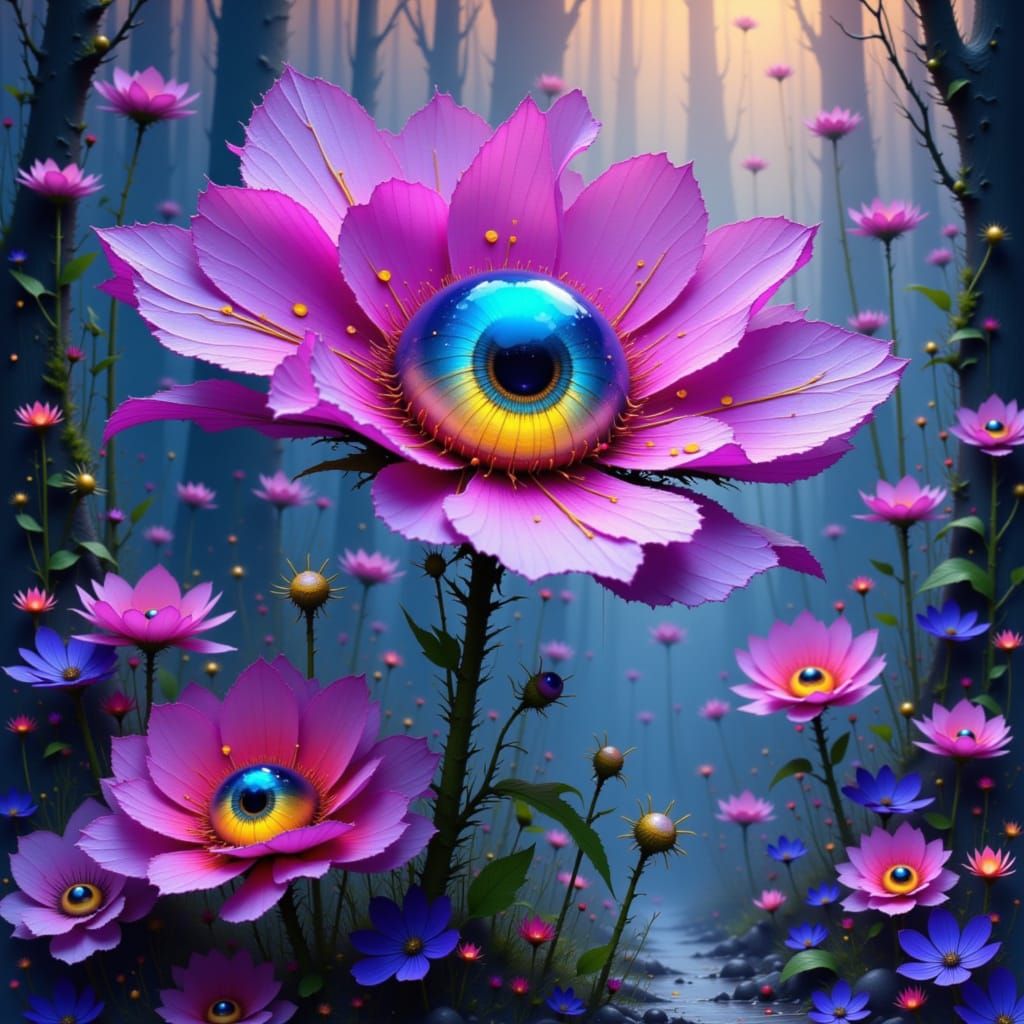 Surreal Eyeball Flowers in Neon Futuristic Style