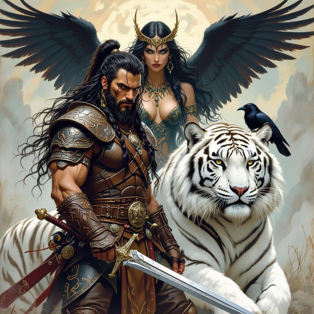 Celtic Warrior, White Tiger, and Morrigan in Dark Fantasy St...