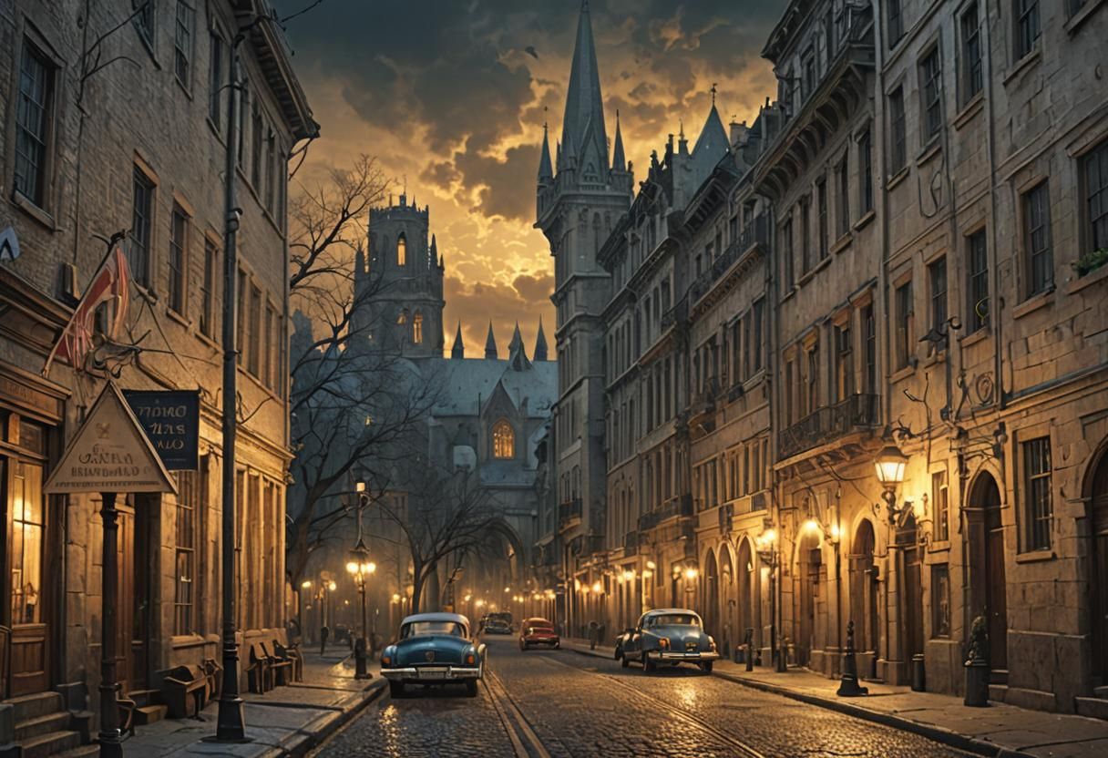 Dramatic Old Town Street at Night as Digital Painting