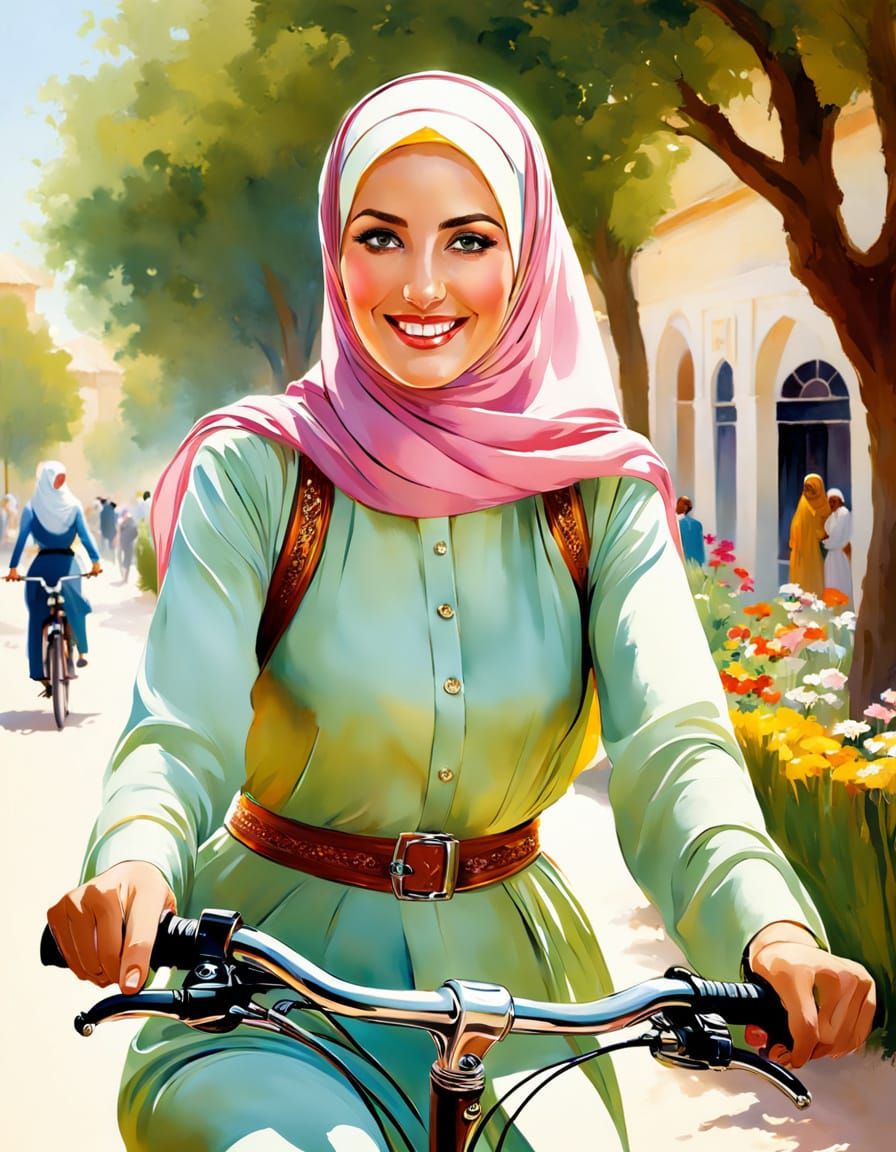 Hijabi Women Cycling in Vibrant Watercolor Style