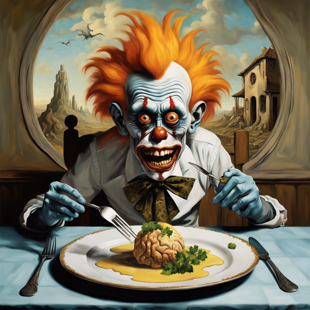 Grotesque Clown Devours Human Brain in a Surreal, Dali-Inspi...