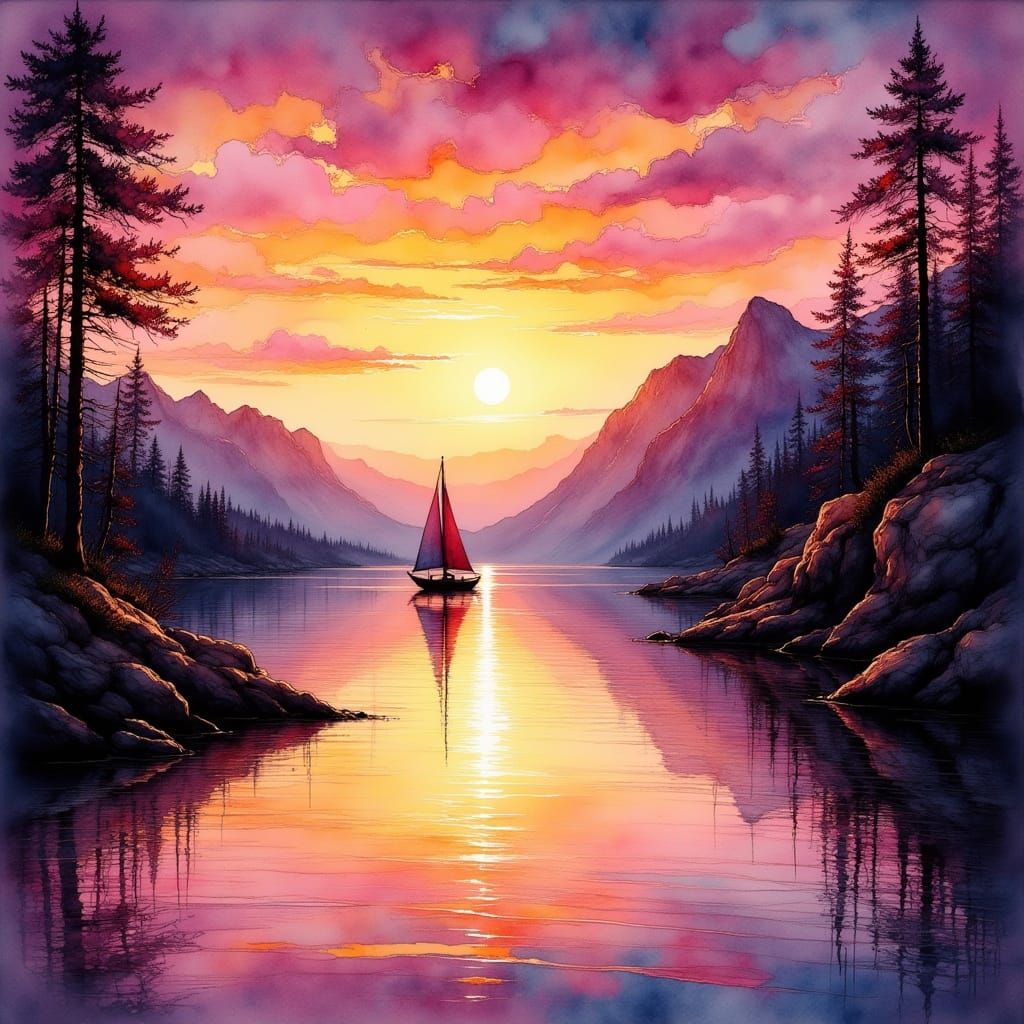 Tranquil Sailboat at Sunset over Lake