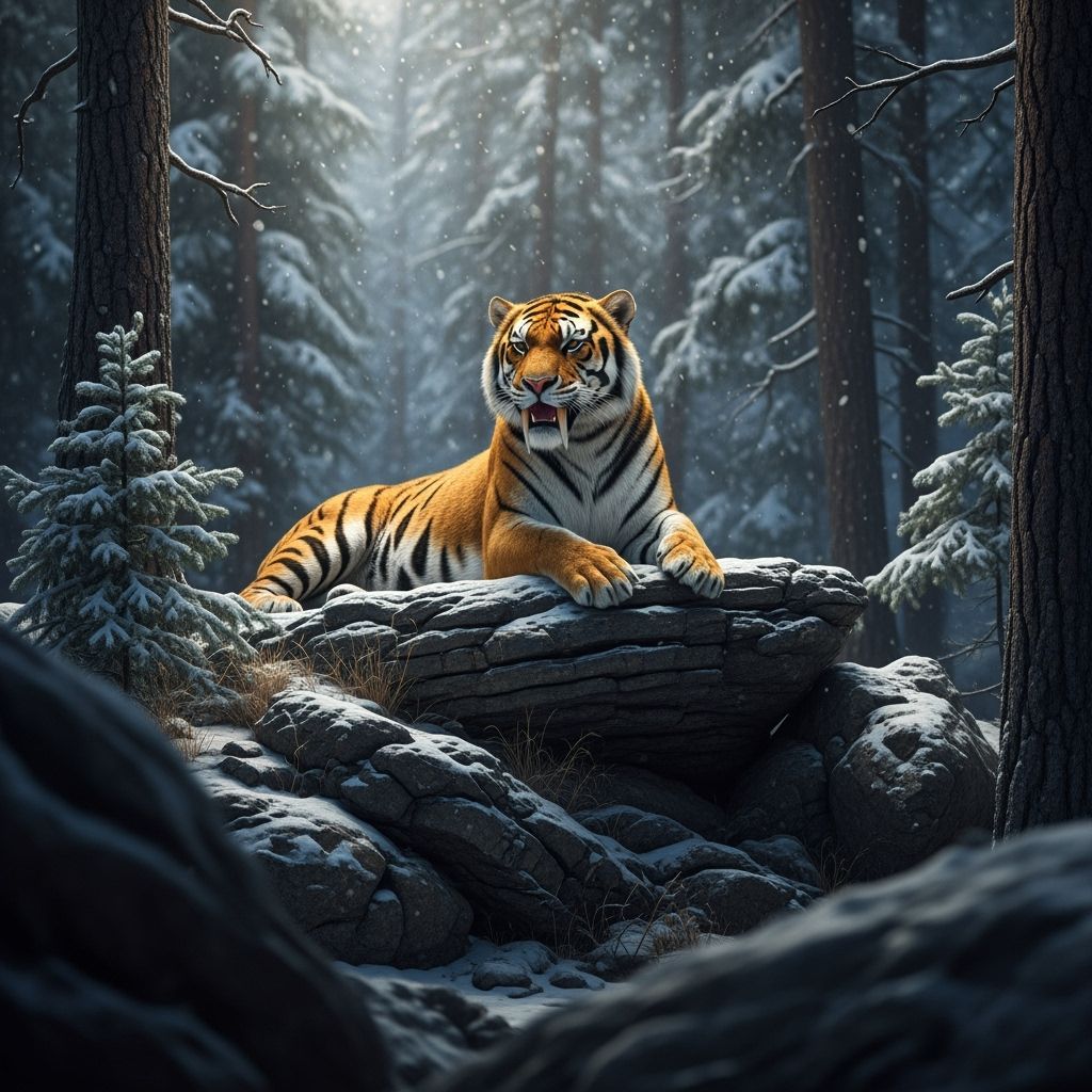 Saber-Toothed Tiger in Snow Forest, Cinematic Still