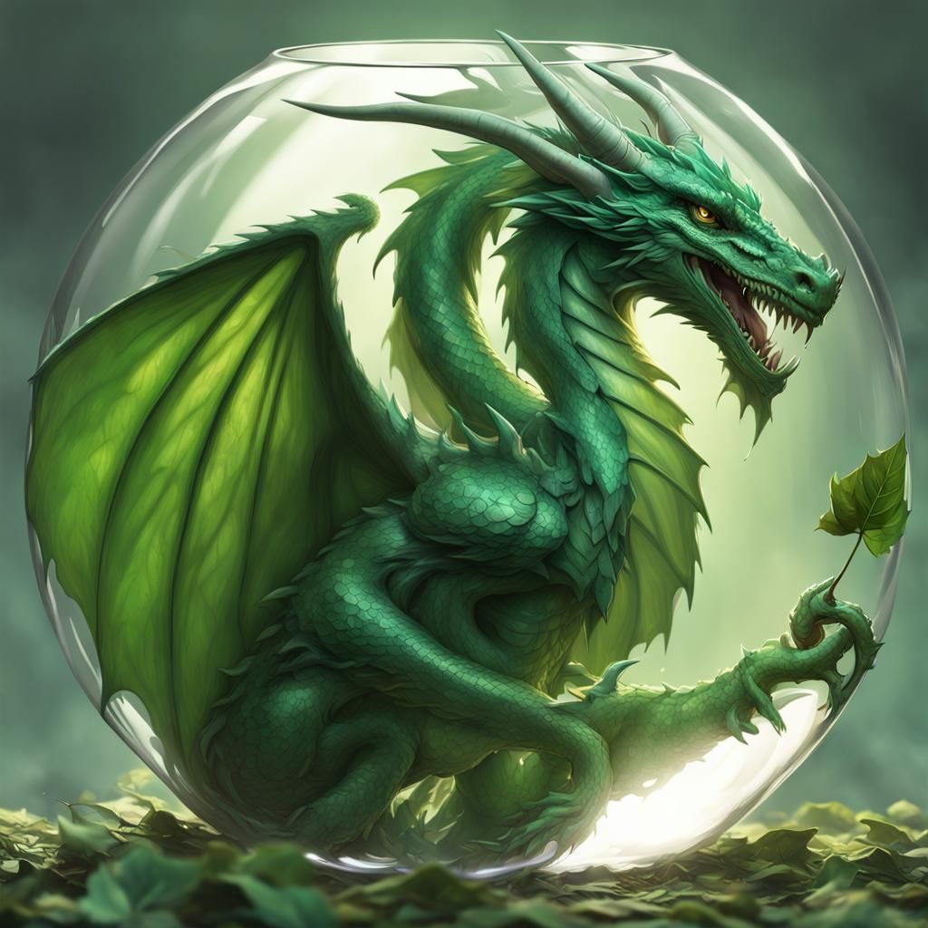 Green Dragon Coiled Inside Glass Apple: Detailed Portrait