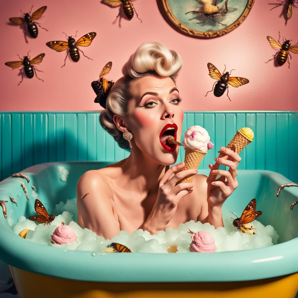 1950s Housewife in Bathtub, Wes Anderson Style