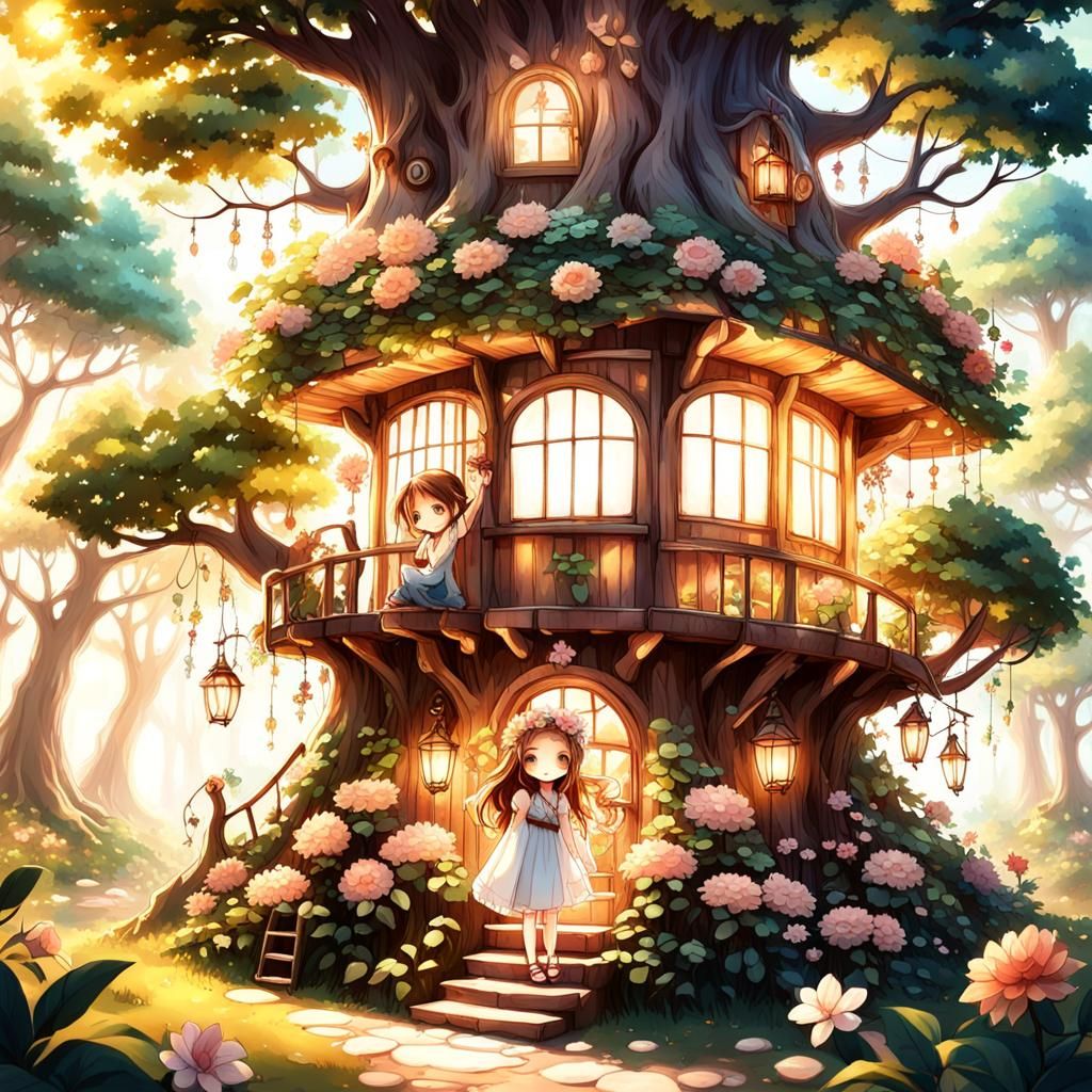 Chibi Kids in Whimsical Treehouse, Magical Woodland