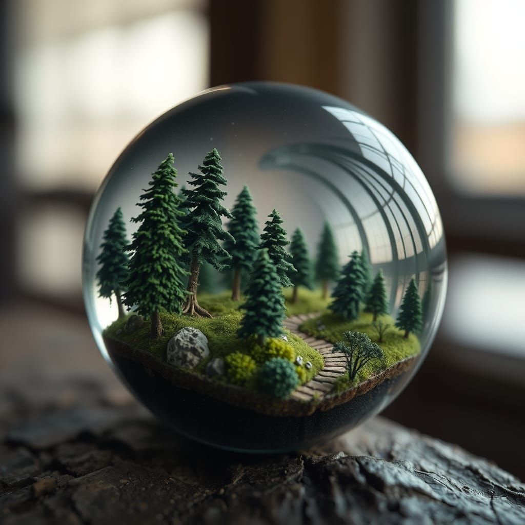 Hyperrealistic Glass Marble Containing Miniature Forest