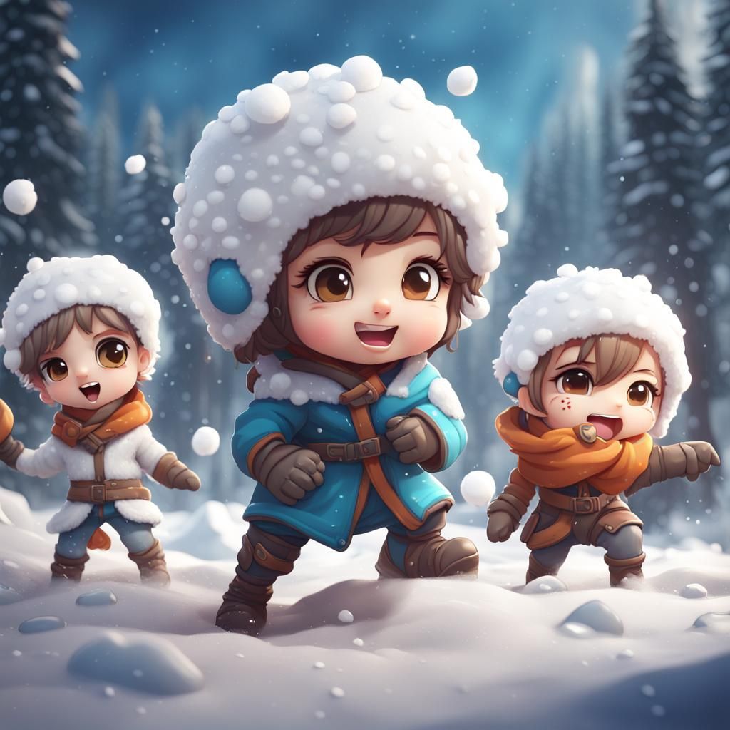 adorable chibi characters playing in a snowball fight