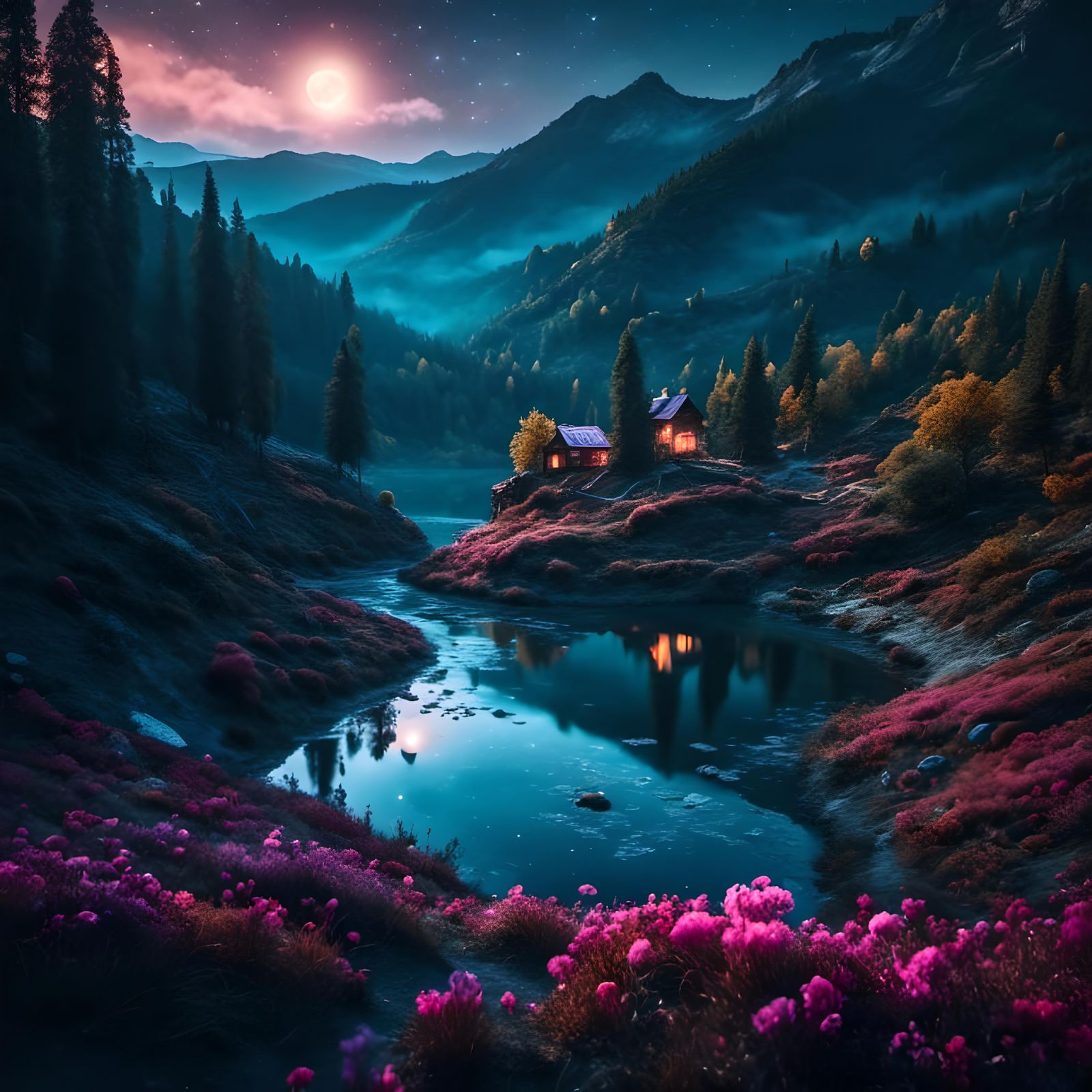 Moonlit Valley River: Bokeh Photography