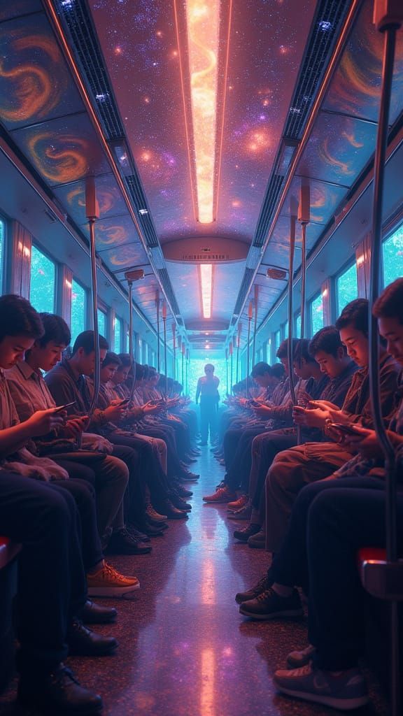 People on Train Staring at Phones in Psychedelic Style
