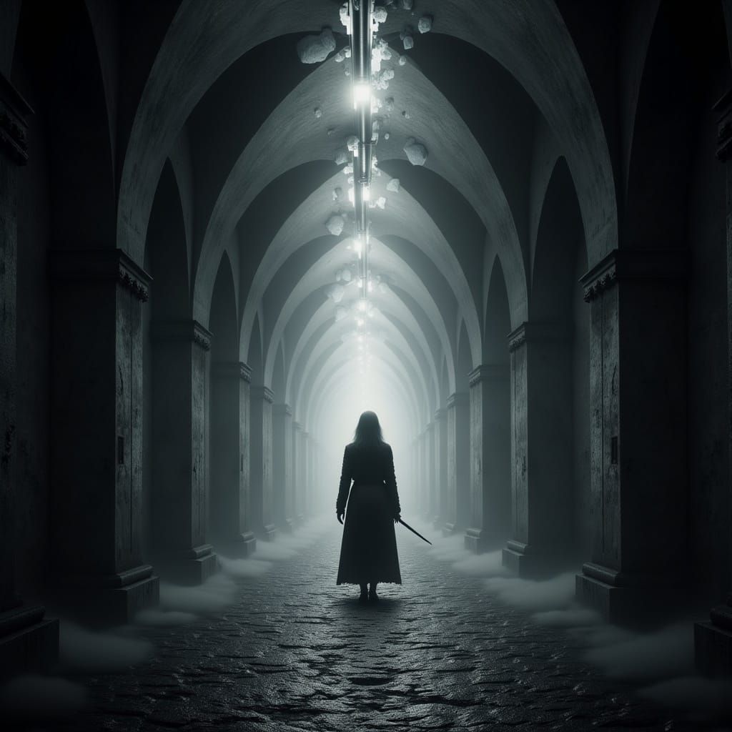 Eerie Hallway with Figure and Floating Cubes