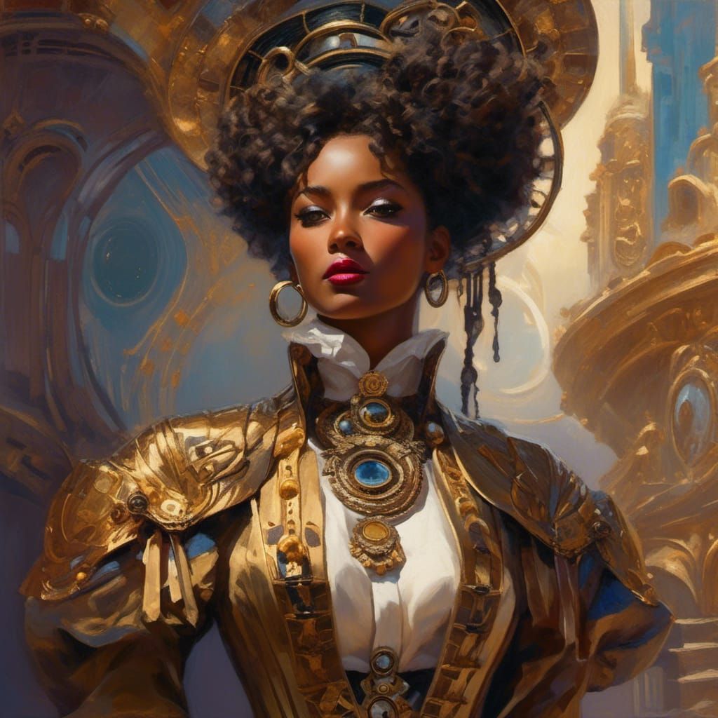 Steampunk Sudanese Woman in Ancient Egyptian Watercolor Styl...