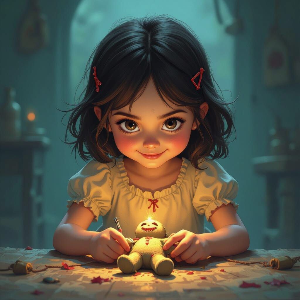 Girl with Cheshire Smile Stabbing Voodoo Doll