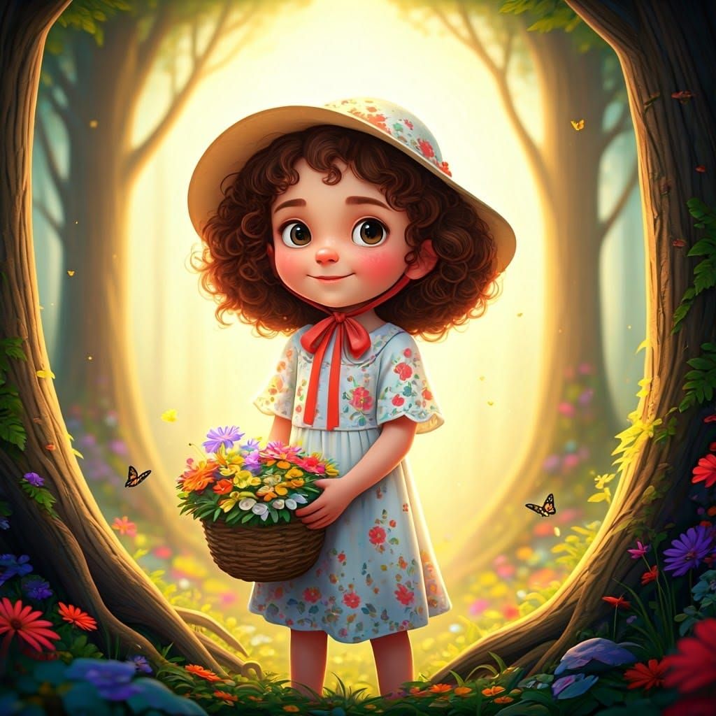 Girl Gathering Flowers in Enchanted Forest: 3D Digital Art