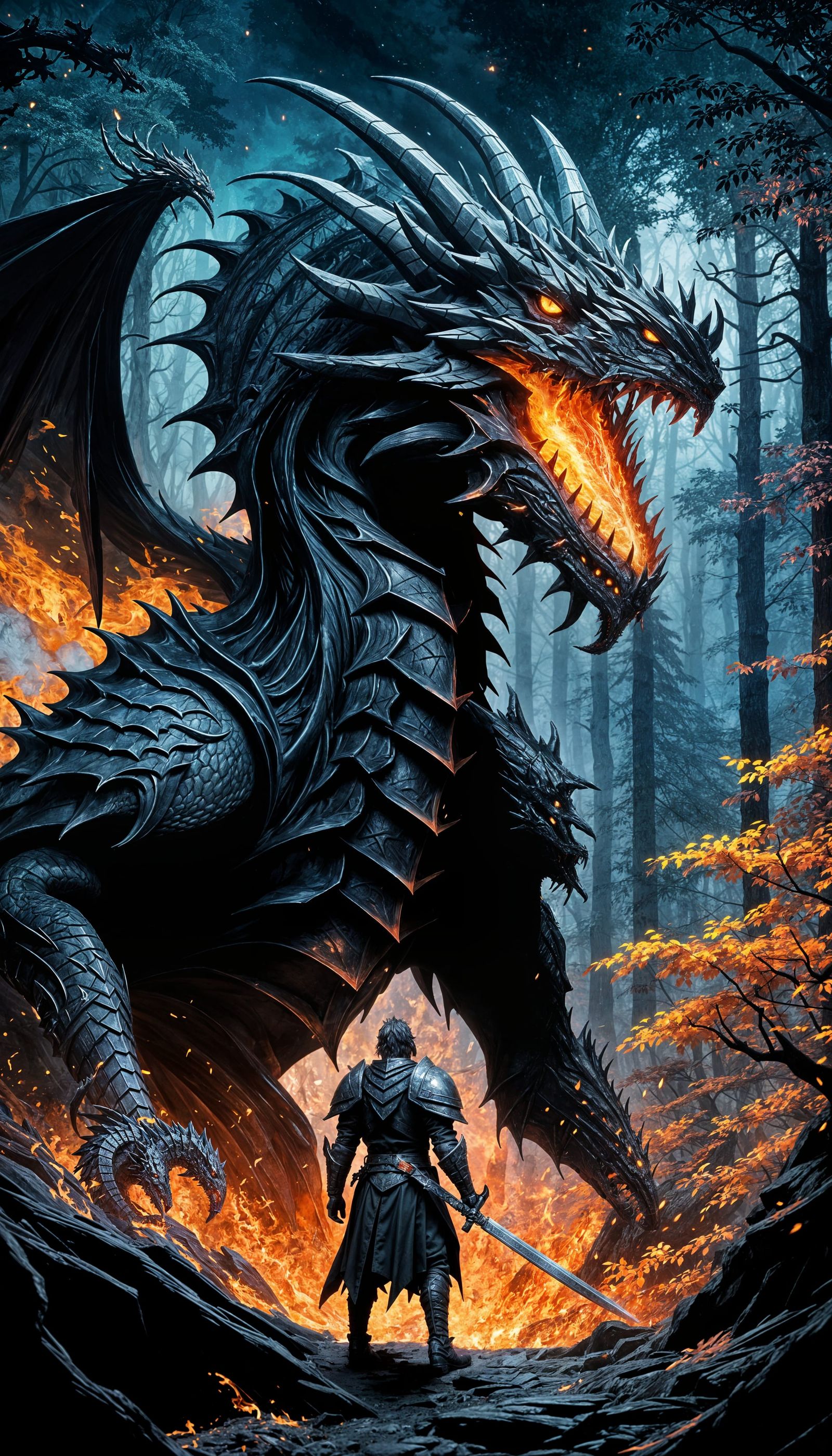 Black Fire Dragon Confronts Knight in Dark Forest