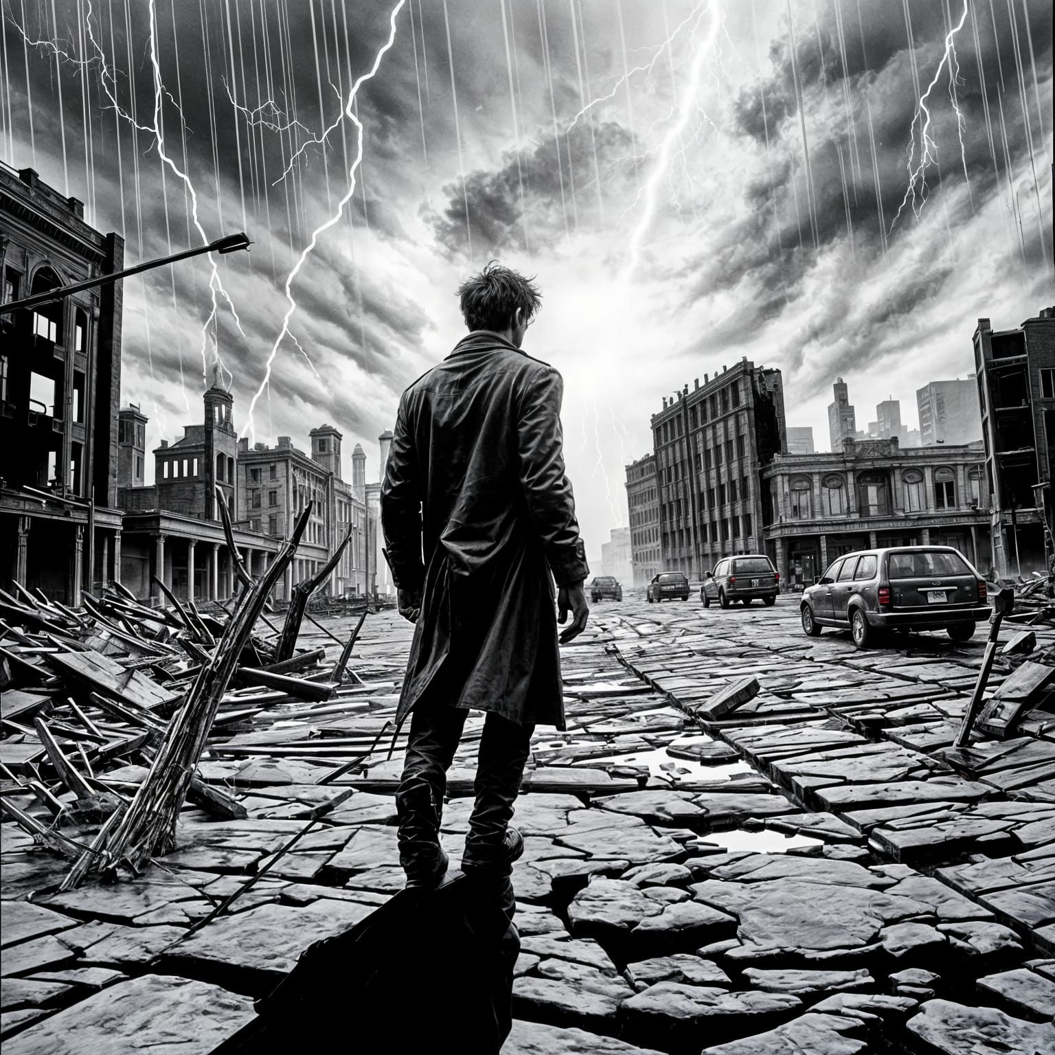 Monochrome Stormscape with Determined Figure