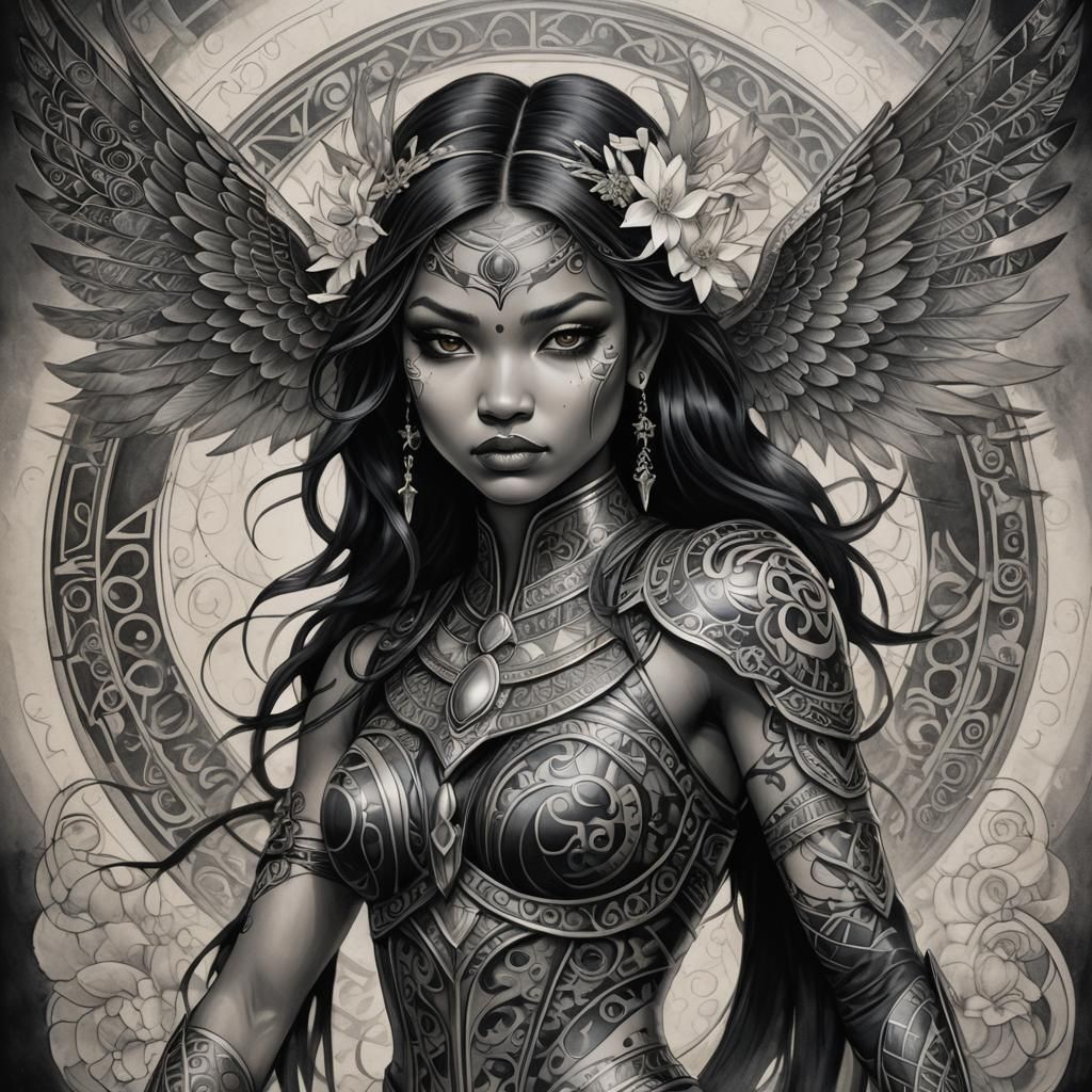 One-Winged Warrior with Geometric Tattoos in Grayscale