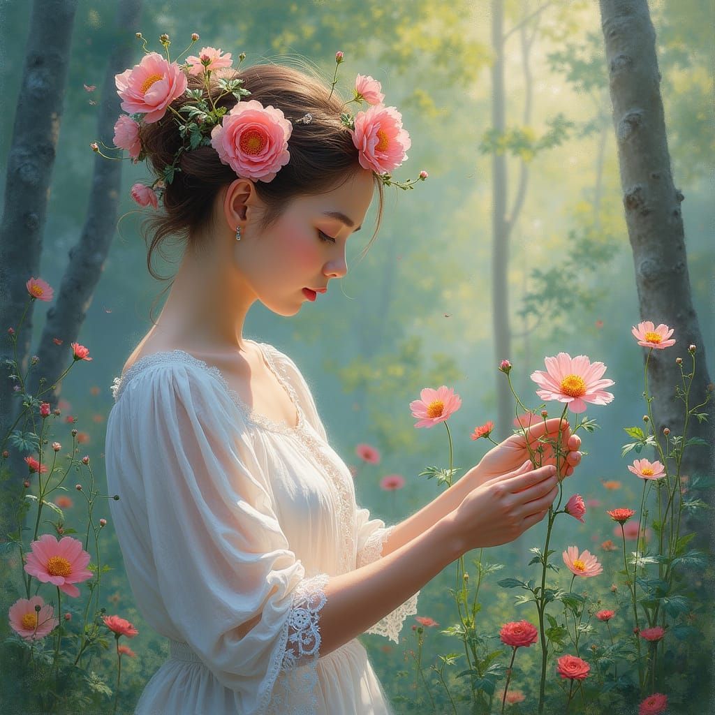 Dreamy Watercolor Girl in a Blooming Forest