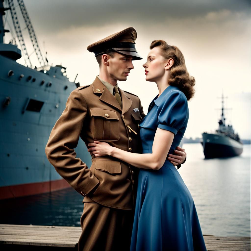 Farewell Embrace: 1940s Couple During Wartime