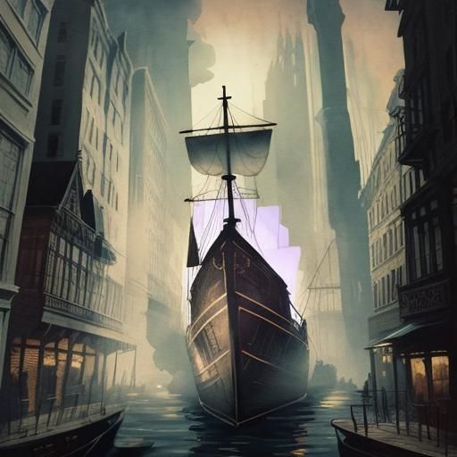 Steampunk Boat on the Thames: Ink Painting