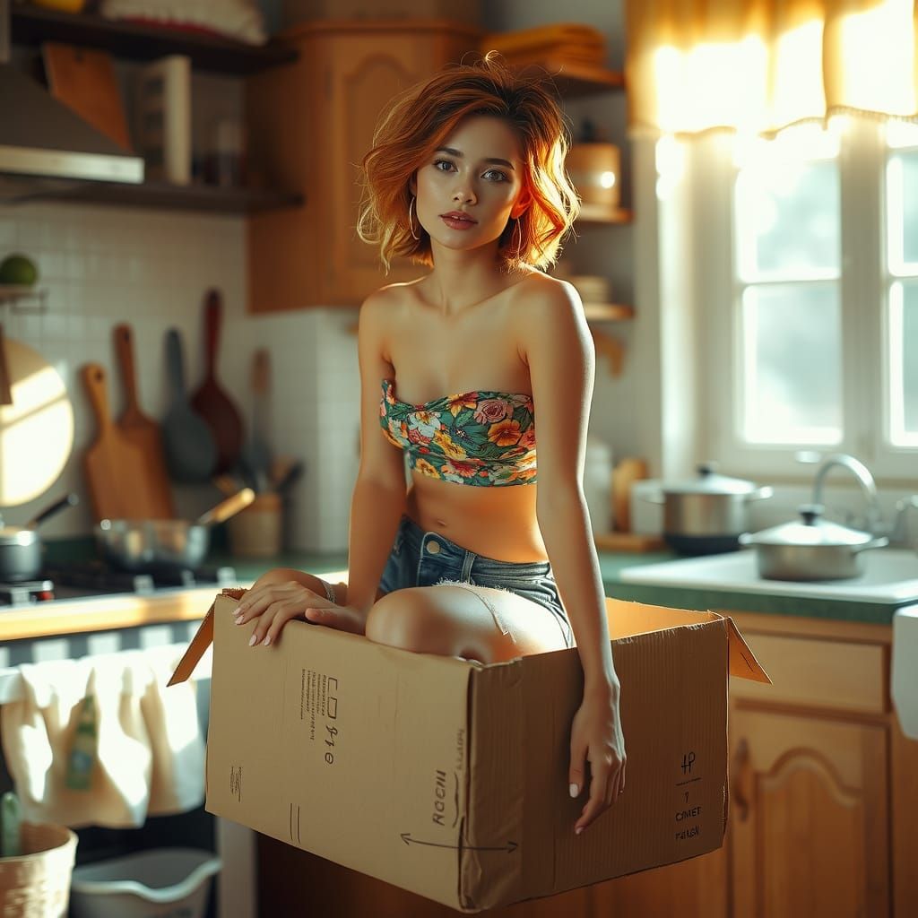 Woman in Floating Cardboard Box: Pop-Surrealist Portrait