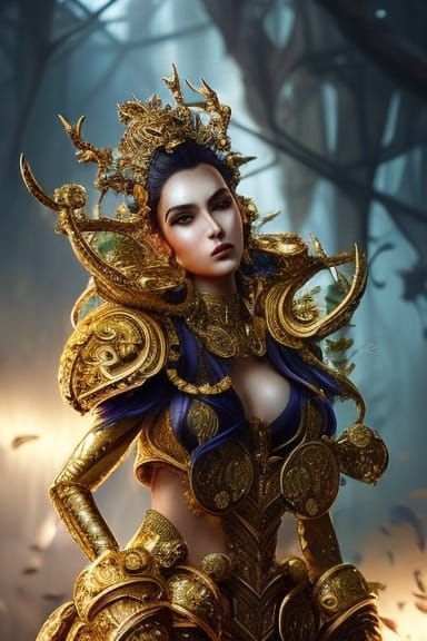 Golden Queen on Throne: Hyper-Detailed Digital Illustration