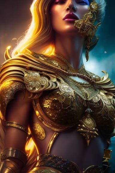 Golden Queen on Throne: Hyperdetailed Digital Art