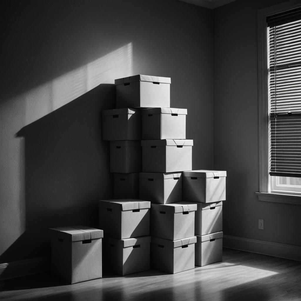 Stacked Boxes in Shadow: A Greyscale Still Life
