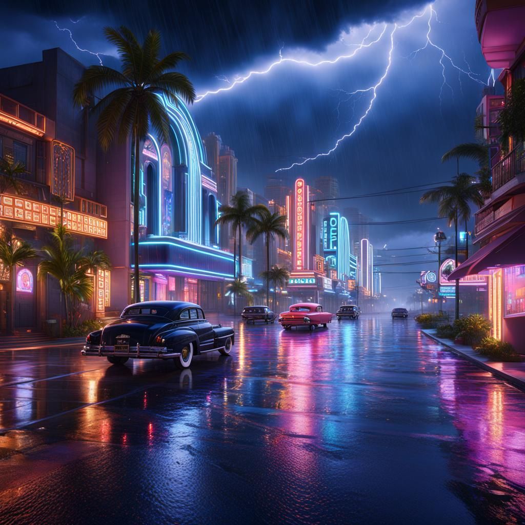 Miami Art Deco District in Rainy Night