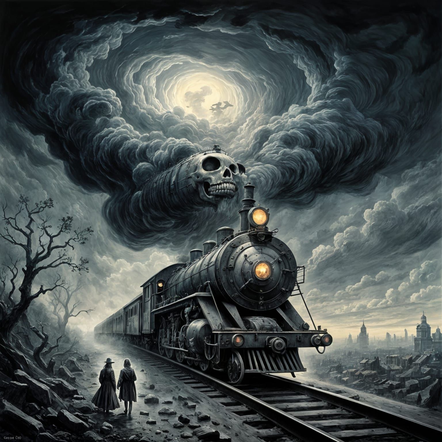 Train Emerging from Dark Clouds with a Skull-like Face