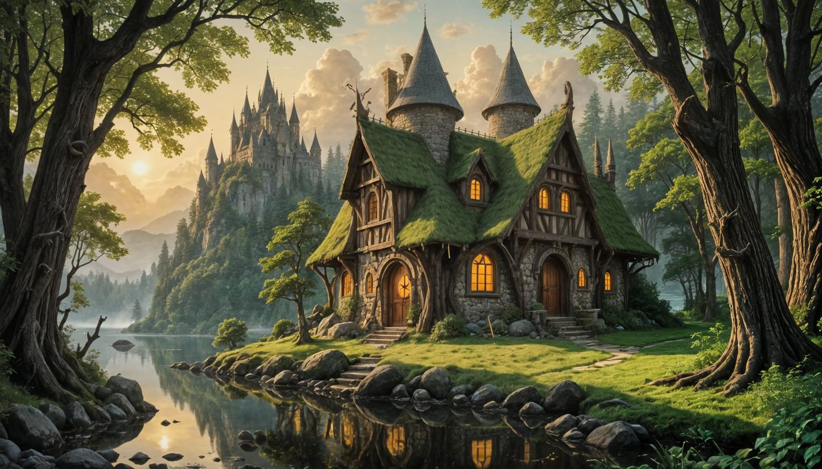 Whimsical Elvish Cottage on Serene Lake Shore