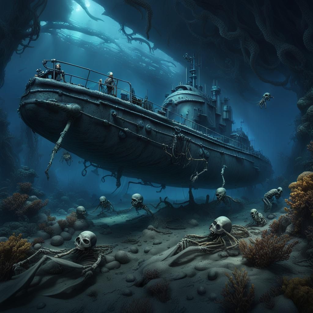 Underwater Scene: Skeletons, Wrecked Submarine, Giant Squid