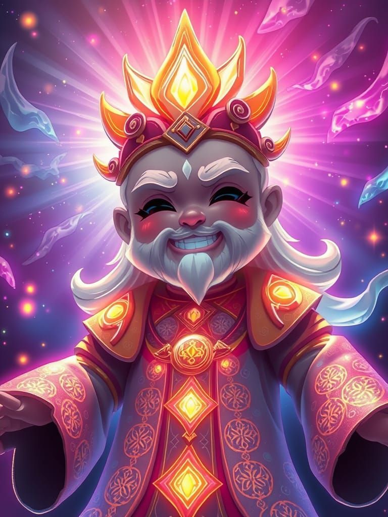 Chibi God Radiating Crystal Energy in Gilded Robes